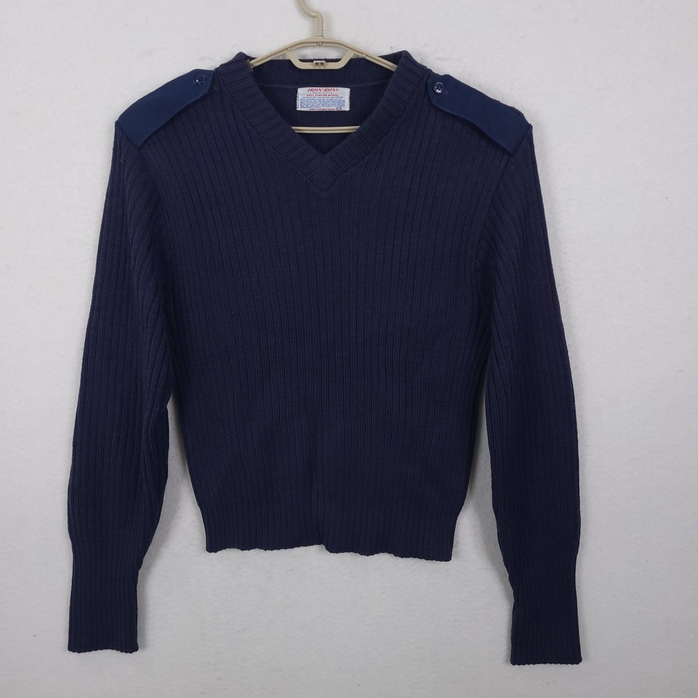 Iron Run V-Neck Sweater Mens 44 Navy Blue Wool Military USAF Epaulets Vintage
